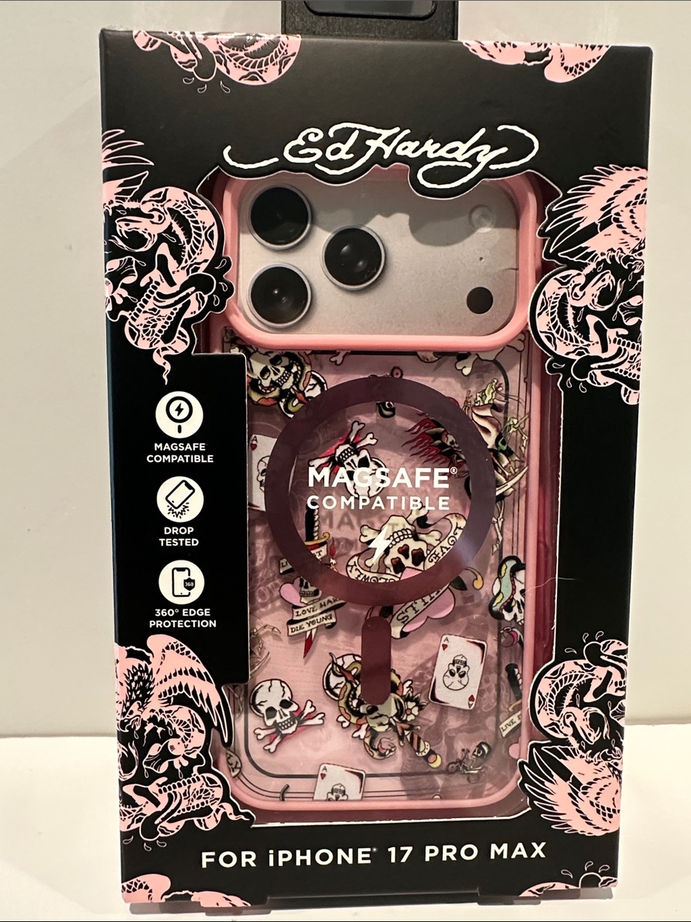NIB Ed Hardy Love Kills Slowly Pink iPhone 17 Pro Max Case MagSafe Compatible.